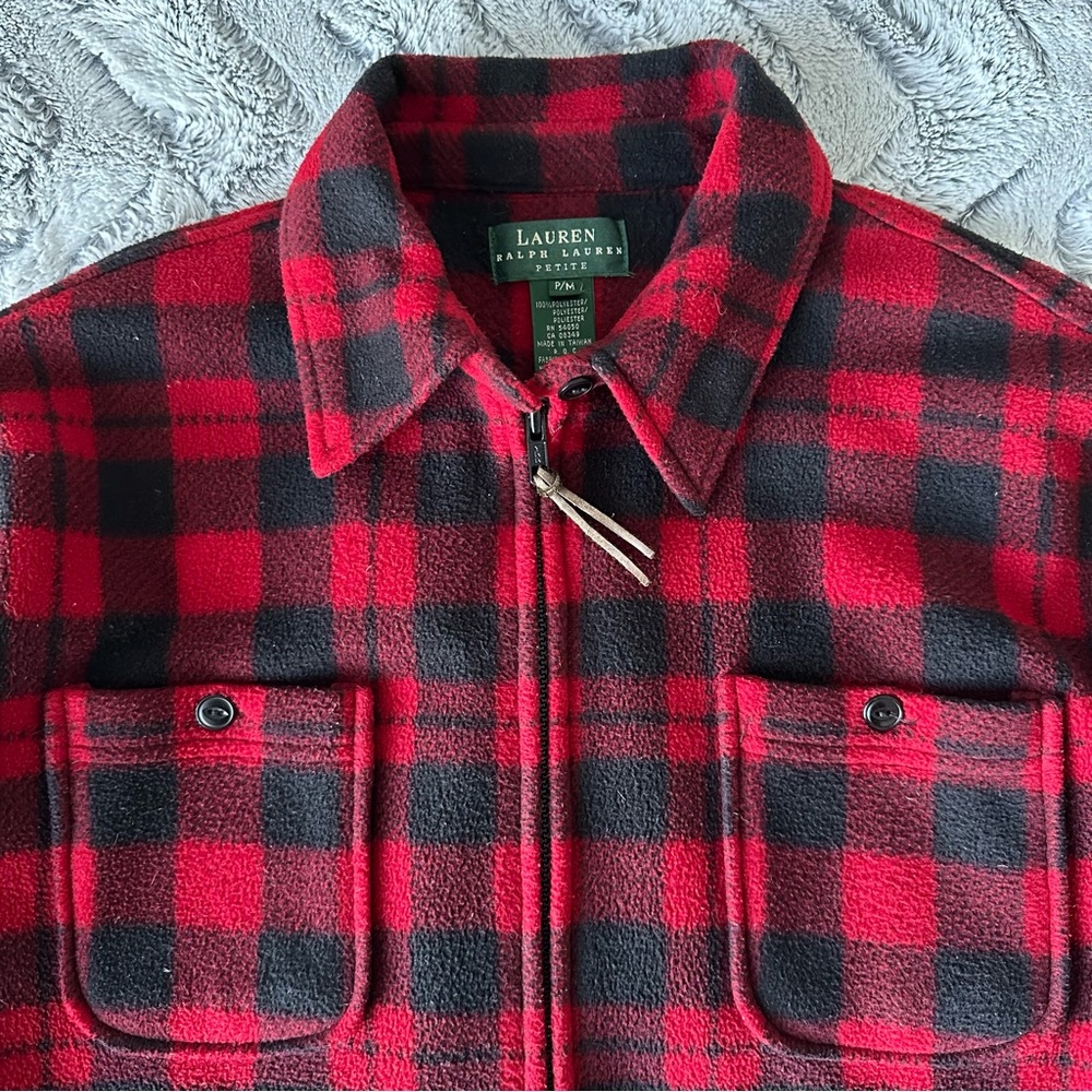 Lauren Ralph Lauren Red Black Buffalo Check Zip Up Fleece Jacket Womens petite M